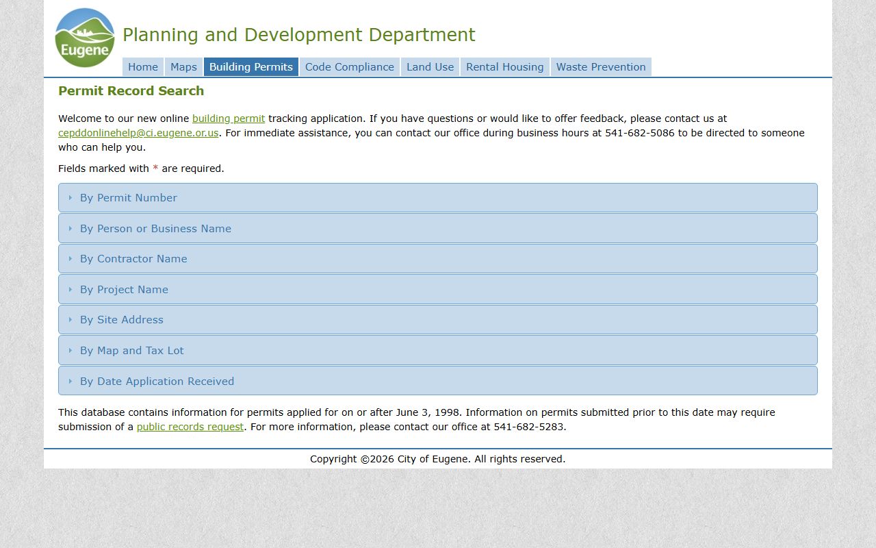 Eugene building permit search tool for Eugene deed records research