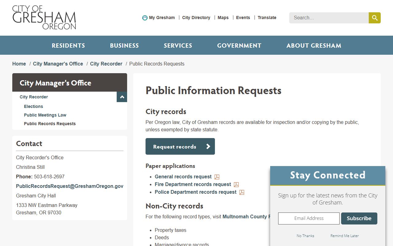 Gresham public information requests portal for Gresham deed records research