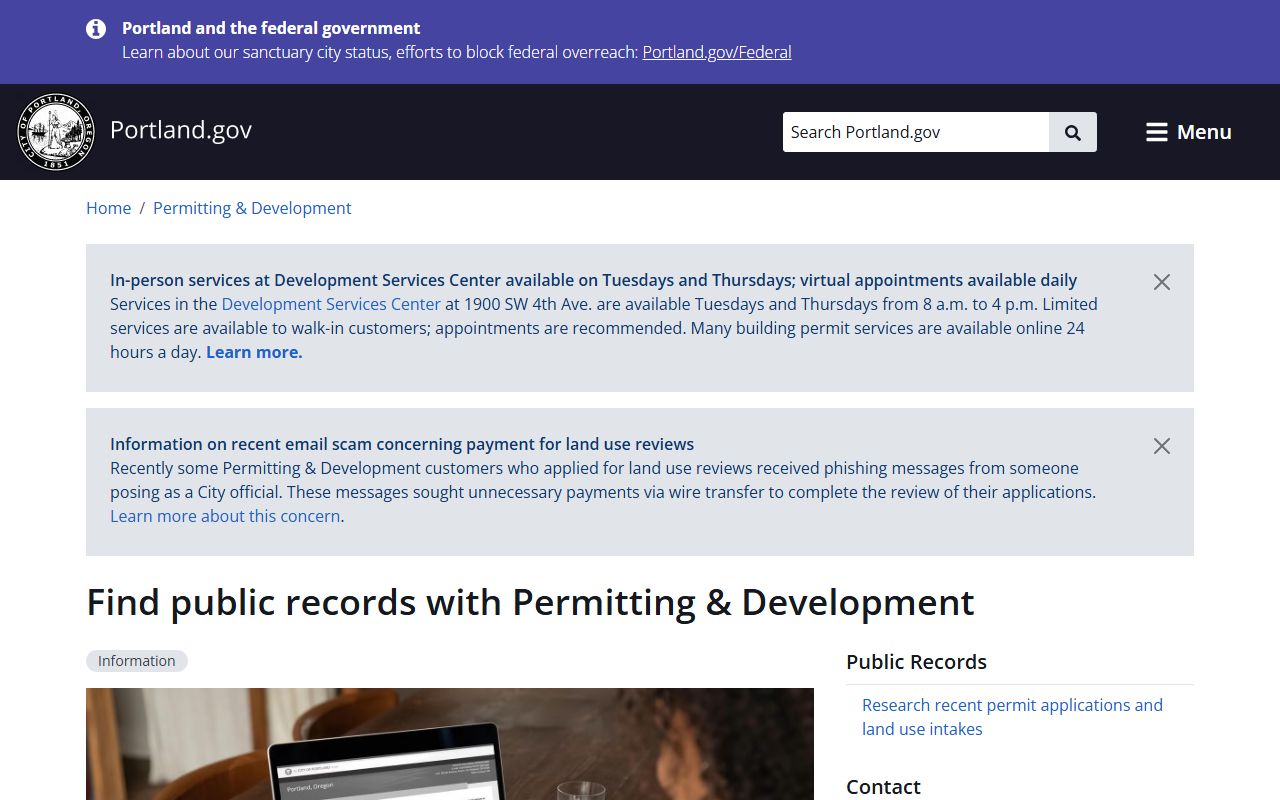 Portland Permitting and Development public records portal for Portland deed records research