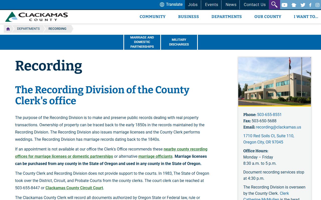 Clackamas County Recording Division website for deed records in Oregon City