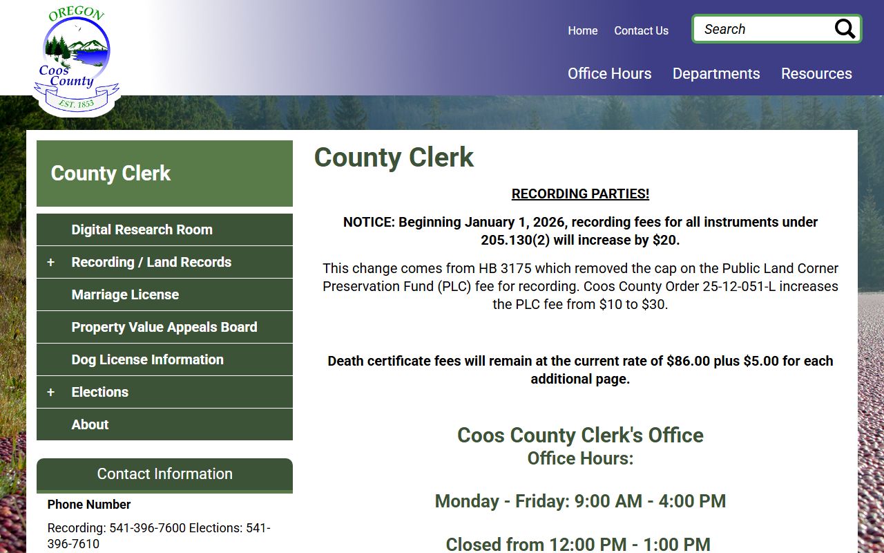 Coos County Clerk recording page for deed records in Coquille Oregon