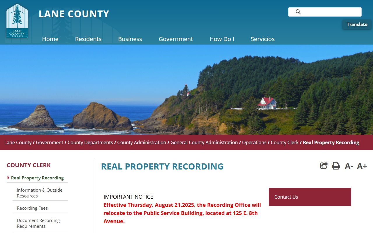 Lane County real property recording page for deed records