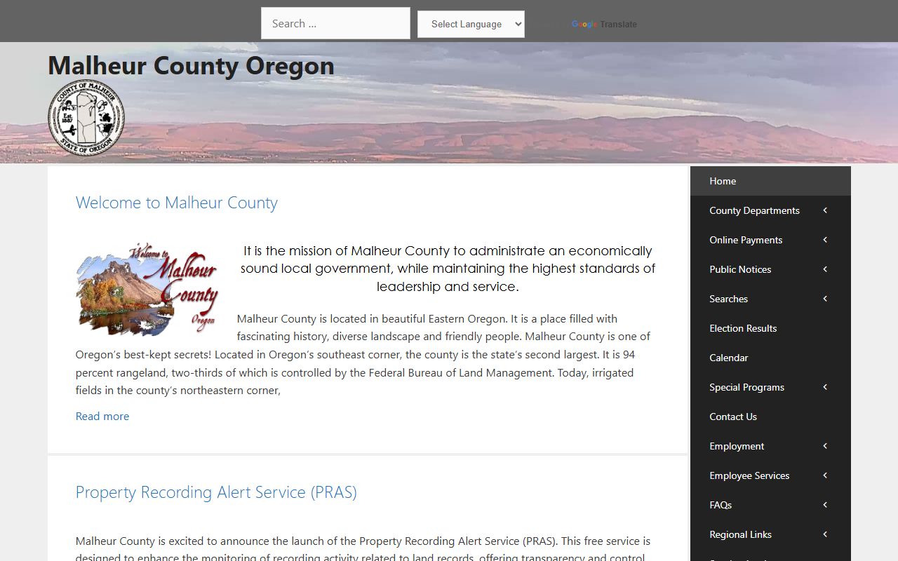 Malheur County official website for property and deed records