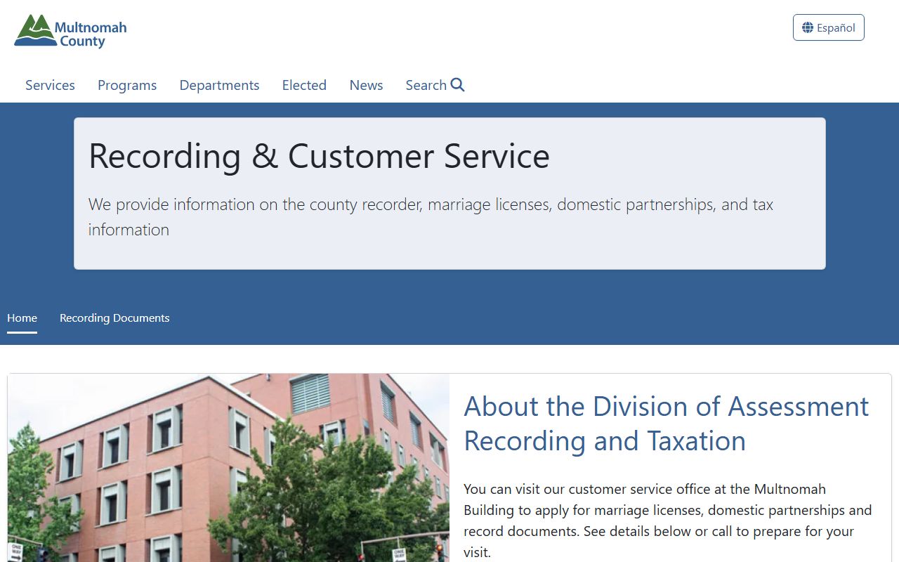 Multnomah County recording customer service page for deed records