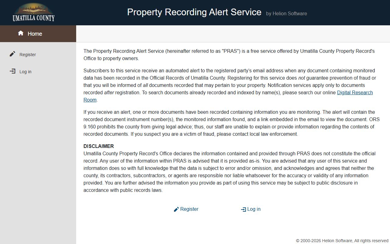 Umatilla County PRAS fraud alert service for deed records