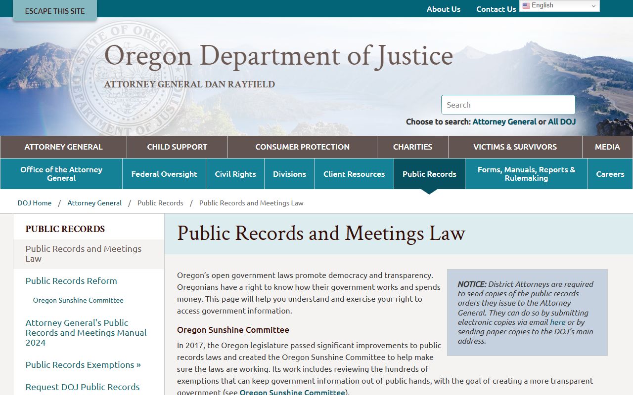 Oregon DOJ public records information for deed records access