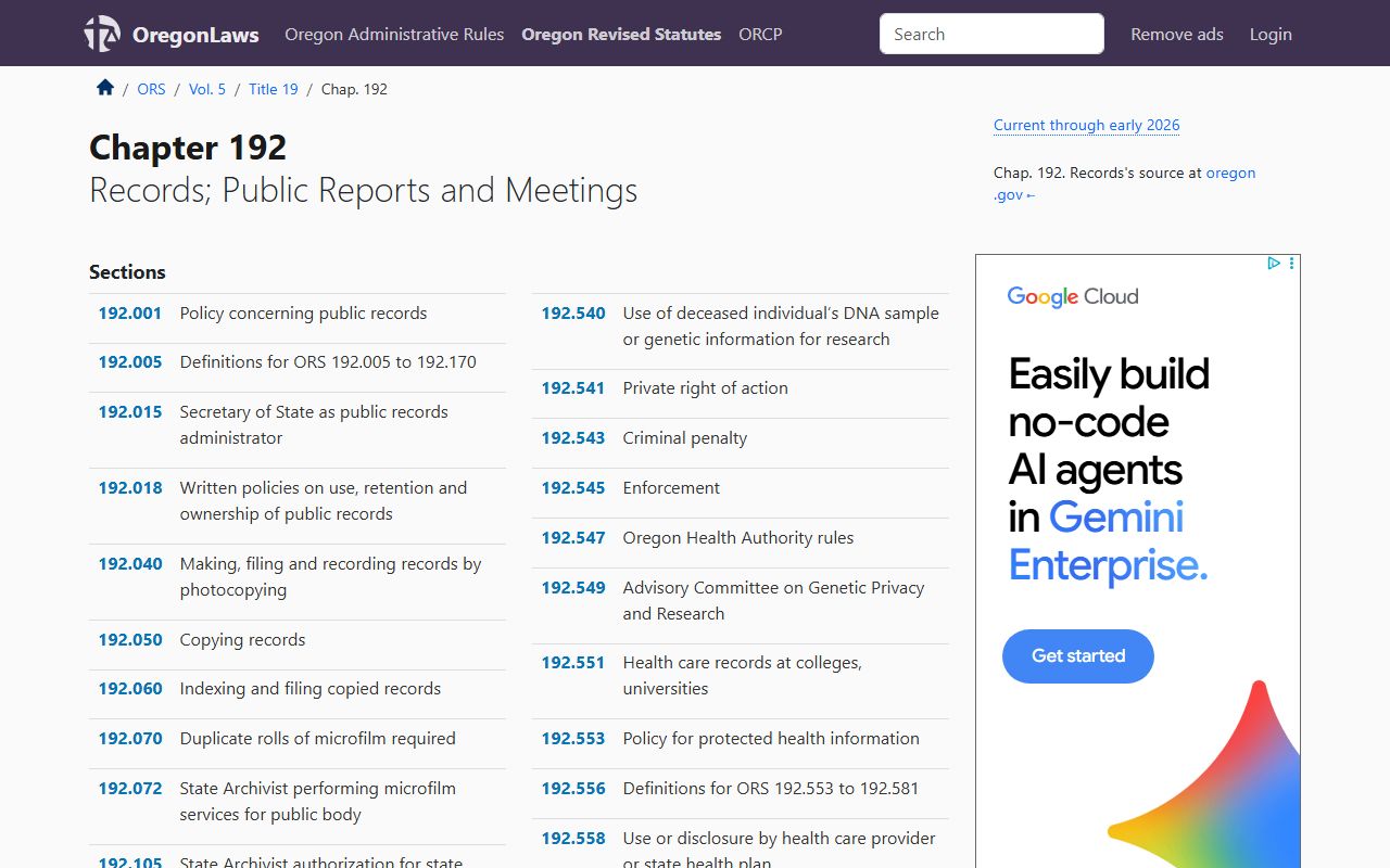 Oregon ORS Chapter 192 public records law for accessing deed records