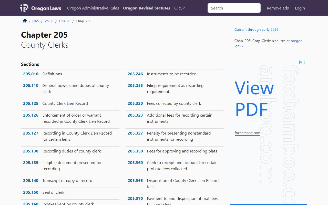 Oregon ORS Chapter 205 governing county clerk recording of deed records